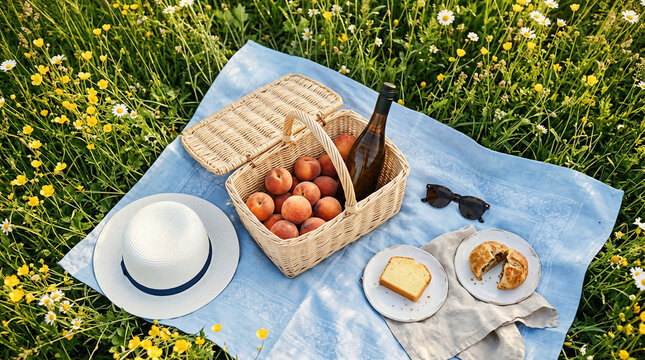 Charming summer picnic spread in a sun-dappled wildflower meadow, featuring a wicker basket with ripe peaches, pastries, and a refreshing bottle on a blue blanket, perfect for outdoor relaxation