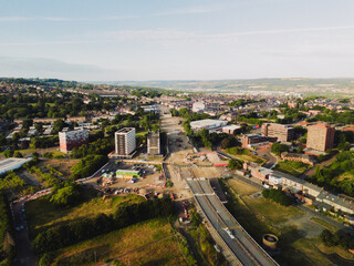 Fototapeta premium Gateshead UK: 20th July 2026: The demolition of the Gateshead Flyover from a high angle. Nearby buildings and open areas are visible, with construction work ongoing