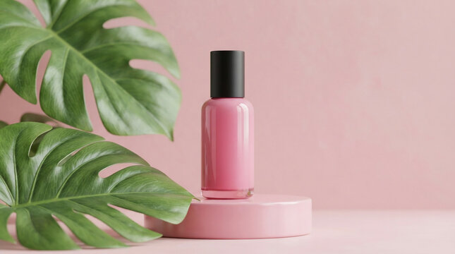 Pink cosmetic bottle mockup on podium with monstera leaves against a soft pink background