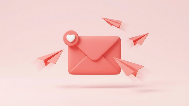 Pink 3D email notification icon, a modern digital communication concept. Rendered mail envelope with heart like symbol and flying paper planes, ideal for social media and online messaging.