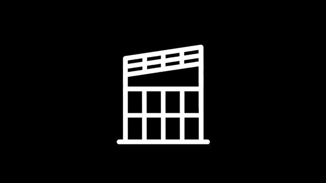 Minimalist white building icon on a black background, representing architecture and design