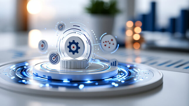 Clean three dimensional illustration of a programmatic advertising platform with automated bidding dashboards and data driven targeting icons bright light scene with blue