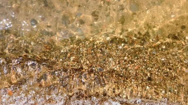 Sandy lakeshore with foamy shallow waves washing over wet pebbled sand creating natural texture