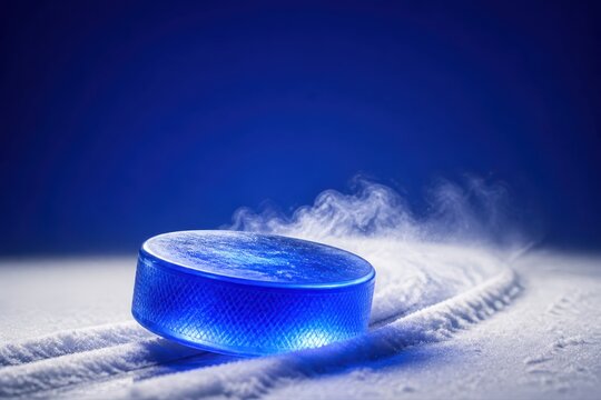 Blue Ice Hockey Puck Sliding on Frozen Rink Surface