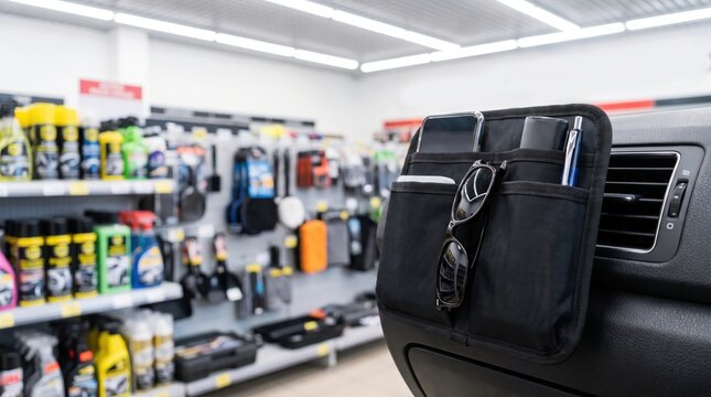 Dashboard storage organizer displayed in an automotive accessories store, vehicle organization, retail shopping, driving convenience.