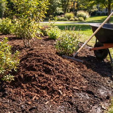 Fresh mulch pile for garden landscaping, weed control and moisture retention, backyard improvement, seasonal gardening.