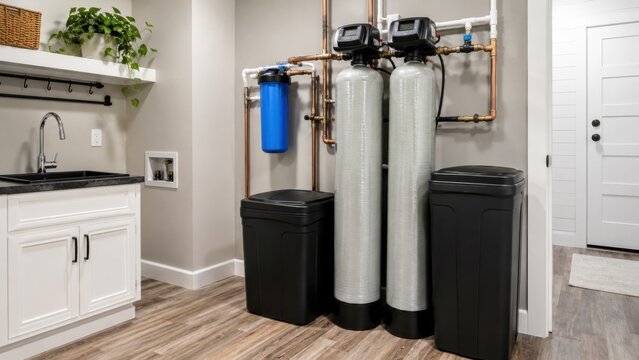 Whole house water softener system in modern utility room
