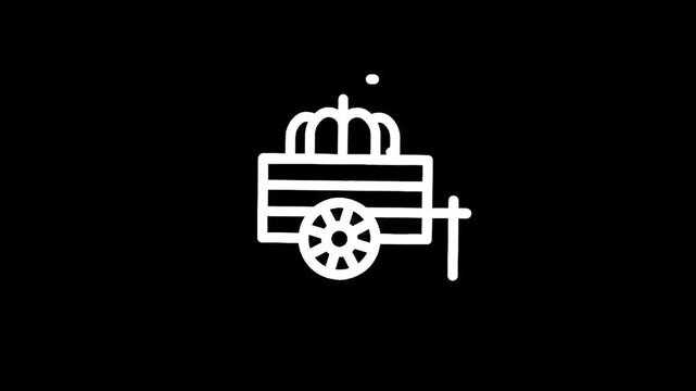 Simple line art icon of a royal carriage with a crown on top, isolated on black