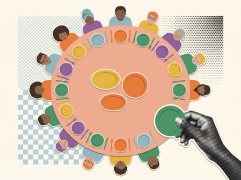 Diverse cartoon people around round table with hand placing green plate