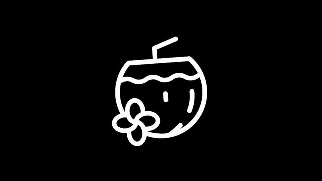 Simple white line art icon of a coconut drink with a flower and straw on a black background