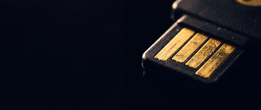 Macro view of gold plated usb connector pins on electronic device interface for data transfer and hardware connection hardware.