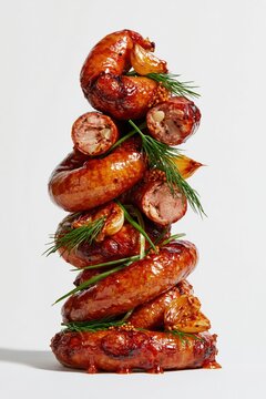 Spiral Grilled Sausage Kovbasa Tower with Fresh Dill - Front View
