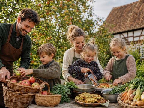 Familie und Kinder bereiten frische Zutaten aus der Herbsternte gemeinsam zu. Spielerisches Lernen &uuml;ber regionale Lebensmittel, Nachhaltigkeit und gesunde Ern&auml;hrung im Freien.