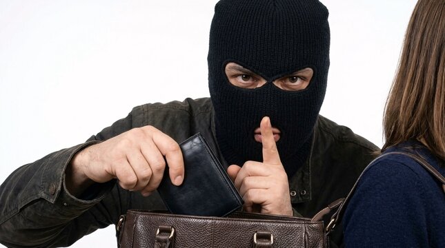Close-up shot of a criminal wearing a ski mask reaching into an open handbag to steal a leather wallet while making a shushing gesture.