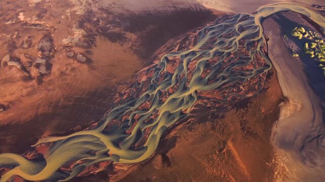 Aerial view of a winding braided river flowing through a volcanic landscape in ICELAND.