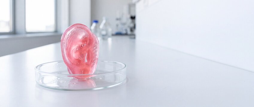 3d printing ear, futuristic bioengineering concept image in a laboratory with medical supplies and equipment.