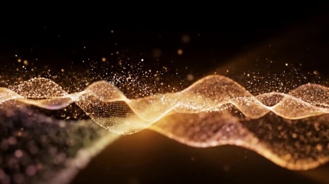 Golden particle wave with glowing luminous bokeh background.