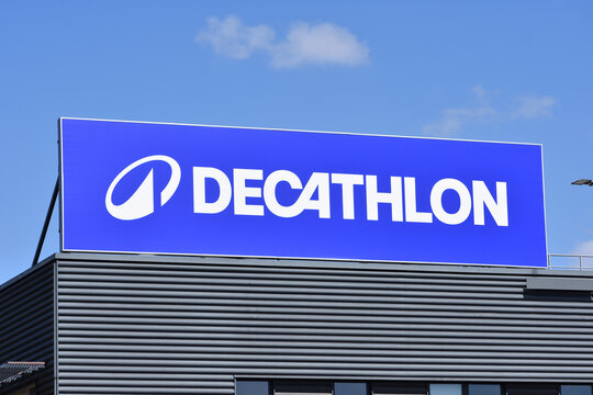 Decathlon signage, logo, emblem at French sporting goods retailer. WARSAW, POLAND - APRIL 18, 2026