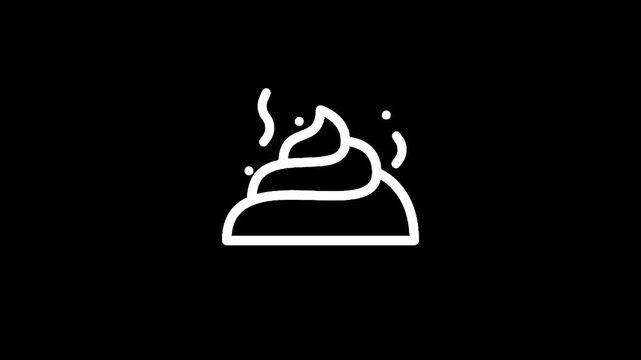 Stylized white icon of a steaming pile of feces on a black background