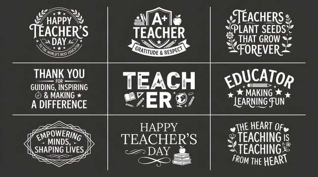 Set of hand drawn chalkboard style typography designs for celebrating happy teacher day events