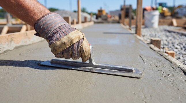 Concrete finisher smoothing wet cement on building site. Construction worker using metal hand trowel to level driveway surface. Professional house renovation and foundation paving process.