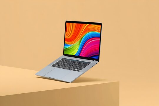 Modern silver laptop floating above a beige podium displaying vibrant abstract wallpaper