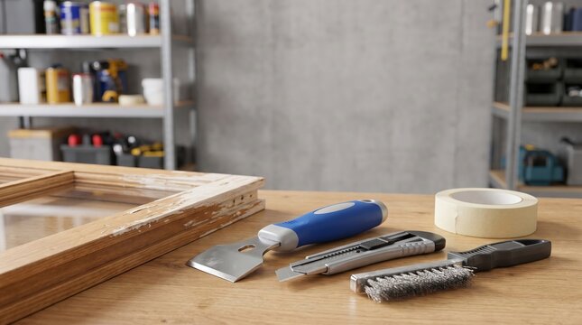 Window screen repair tools arranged on a home workshop table, DIY mesh replacement, seasonal maintenance, practical home improvement.