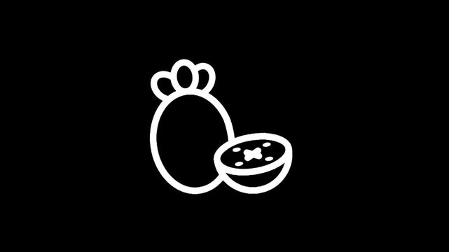 Simple white outline icon of a whole feijoa fruit and a half feijoa fruit on black background