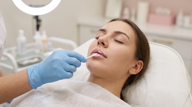 Numbing cream application, technician spreading thin topical layer across young client lips, landscape preparation close up in softly blurred beauty clinic