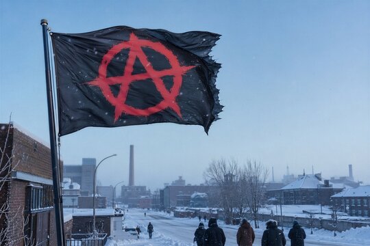 Black flag with anarchy symbol in snow