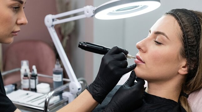 Beginning lip outline, artist tracing mapped border with generic pigment device, wide side profile procedure beneath professional beauty lamp with left copy space