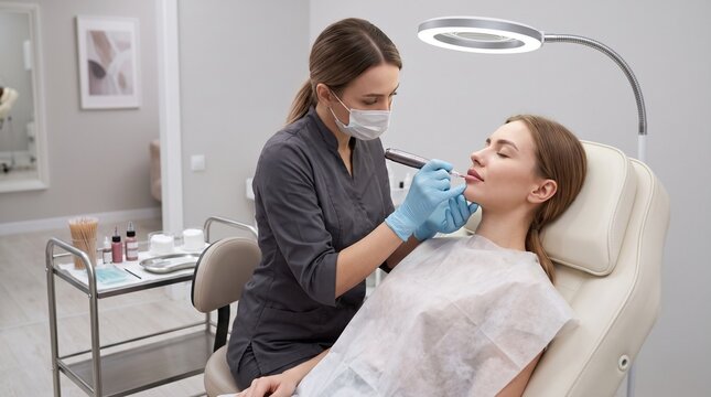 Lower lip tinting, artist shading young client lower lip while supporting chin, wide side treatment scene beneath beauty lamp with clean trolley