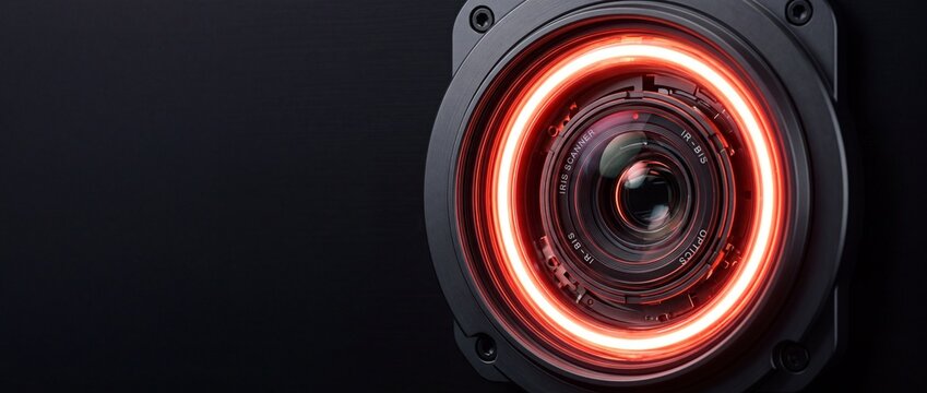Close up shot of advanced industrial camera lens with circular red neon lighting ring frame for high precision security system.
