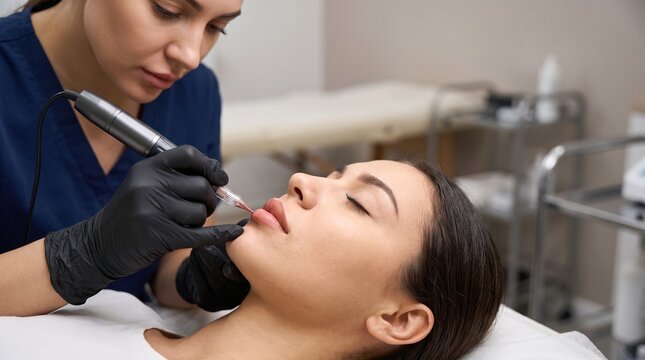 Second pigment pass, technician adding soft colour layer to lower lip with generic device, horizontal side angle treatment image with right negative space