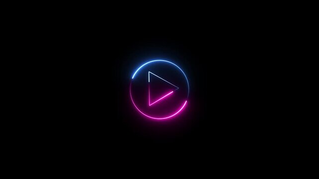 Neon glowing Play button animation on black background. Play button icon neon animation. Music play button icon animation.