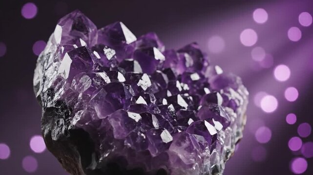 Purple amethyst crystal druzy rotating against a dark background with light rays and bokeh