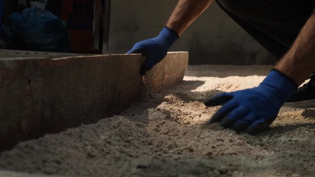 Construction worker squatting smooths the sand with a gloved hand before pulling a screed board across the surface. Final sand base for paving stone installation and municipal infrastructure.