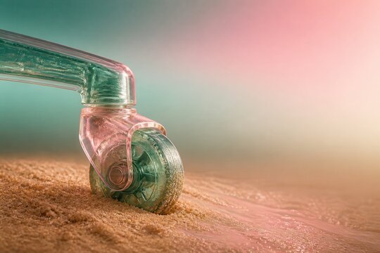 Business mobility concept with transparent caster wheel stuck in sand