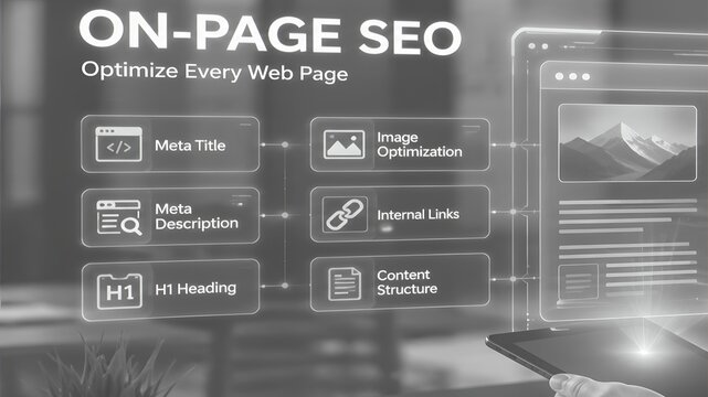 Educational infographic showing key elements of on page search engine optimization for website content and digital marketing strategy success