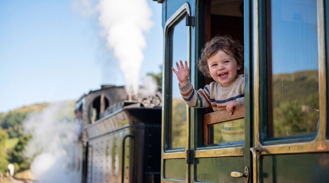 Happy little child waving hand from window of vintage steam train. Toddler enjoying scenic rail travel journey. Adventure, childhood memories and nostalgic transportation concept.