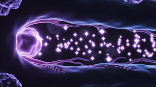 Purple pineal gland secreting glowing melatonin hormone particles into a dark calm bloodstream