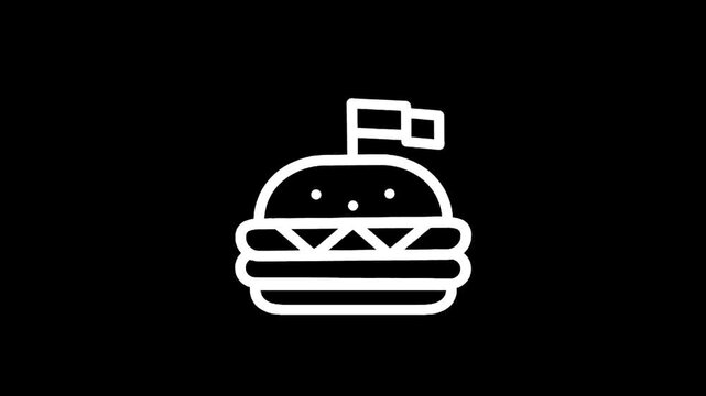 Simple white outline icon of a hamburger with a flag on a black background