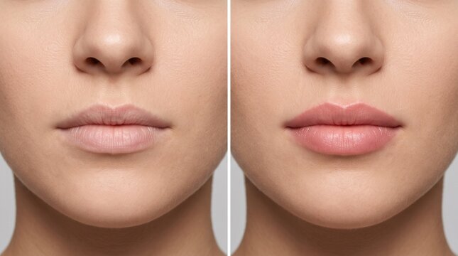 Lip tint before and after, matched untreated lips and fully healed soft rose result, horizontal split comparison with realistic texture and neutral background