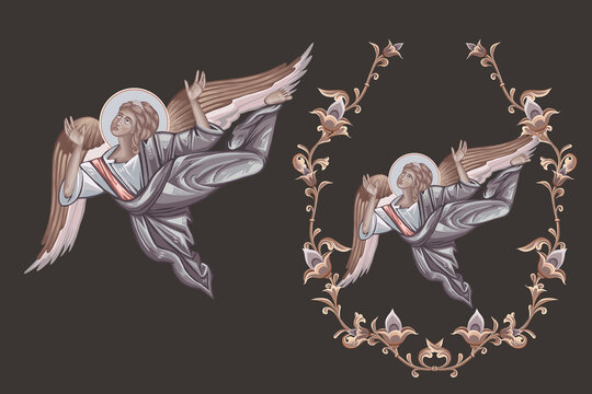 Christian pastel illustration set with angel in Byzantine style isolated