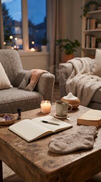 Cozy evening self care setup with journal, candles and relaxation products, stress recovery, restful home routine and emotional wellness.