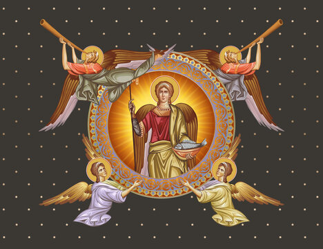 Archangel Raphael. Decorative vintage illustration with angels in Byzantine style