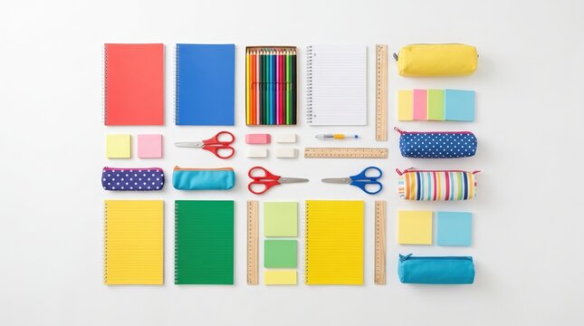 Colorful school supplies arranged in an organized flat lay for back to school shopping, classroom preparation and student learning.
