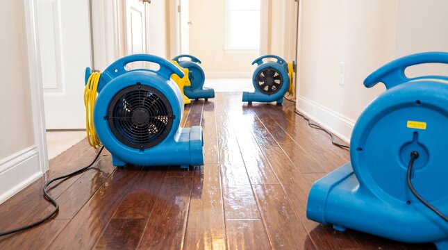 Industrial air movers drying wet wooden floor in hallway. Water damage restoration equipment for home maintenance after flood or leak. Professional house renovation and cleaning service.