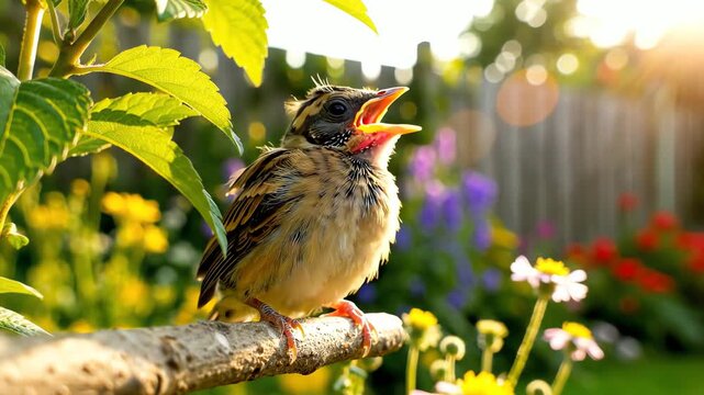 Baby bird begging for food on branch in garden