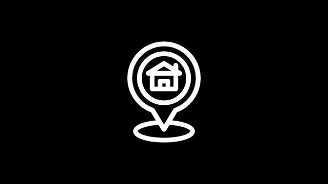 White house icon inside a location pin marker on a black background